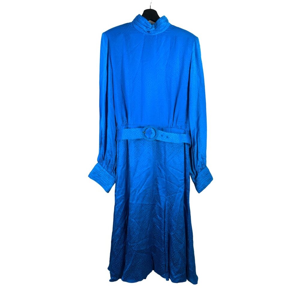 VTG Oleg Cassini 100% Silk Jacquard‎ belted midi dress blue dead stock sz 12